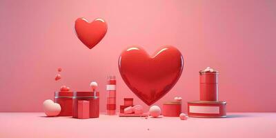 AI generated Red heart with cosmetic products on pink background. 3D rendering. For valentine day photo