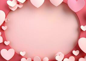 AI generated Valentines day background with pink hearts and heart frame. 3d rendering love photo