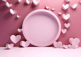 AI generated Valentines day background with pink hearts and heart frame. 3d rendering love photo