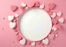 AI generated Valentines day background with pink hearts and heart frame. 3d rendering love photo