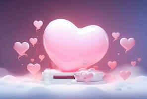 AI generated Valentines day background with pink hearts and heart frame. 3d rendering love photo