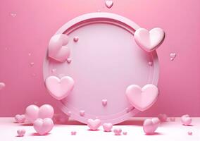 AI generated Valentines day background with pink hearts and heart frame. 3d rendering love photo