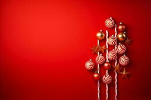 AI generated Candy canes on a red background. 3d illustration photo