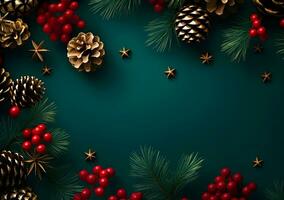 AI generated Christmas background with fir branches, pine cones, berries and stars. photo