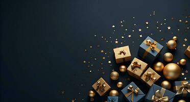 AI generated Merry Christmas and Happy New Year background with gold and blue baubles and gift boxes. 3d rendering photo