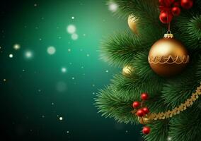 AI generated Christmas baubles on wooden table and green bokeh background photo