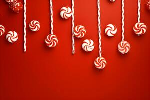 AI generated Candy canes on a red background. 3d illustration photo