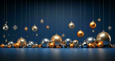 AI generated Merry Christmas and Happy New Year background with gold and blue baubles and gift boxes. 3d rendering photo