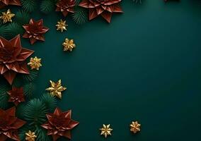 AI generated Christmas background with fir branches, pine cones, berries and stars. photo