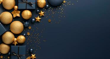 AI generated Merry Christmas and Happy New Year background with gold and blue baubles and gift boxes. 3d rendering photo