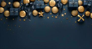 AI generated Merry Christmas and Happy New Year background with gold and blue baubles and gift boxes. 3d rendering photo