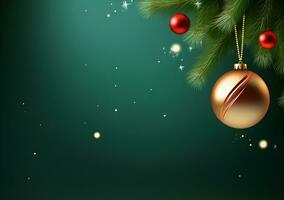 AI generated Christmas baubles on wooden table and green bokeh background photo