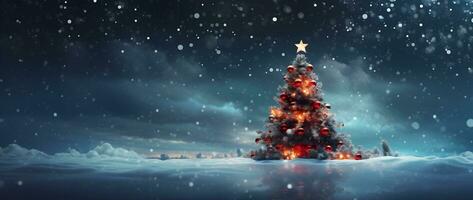 ai generado Navidad y nuevo año antecedentes. Navidad árbol en un Nevado bosque. foto