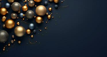 AI generated Merry Christmas and Happy New Year background with gold and blue baubles and gift boxes. 3d rendering photo