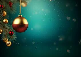 AI generated Christmas baubles on wooden table and green bokeh background photo