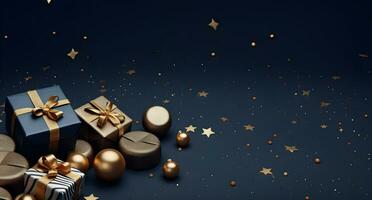 AI generated Merry Christmas and Happy New Year background with gold and blue baubles and gift boxes. 3d rendering photo