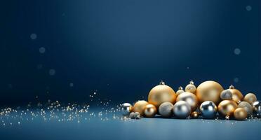 AI generated Merry Christmas and Happy New Year background with gold and blue baubles and gift boxes. 3d rendering photo