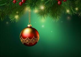 AI generated Christmas baubles on wooden table and green bokeh background photo