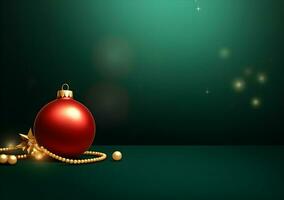 AI generated Christmas baubles on wooden table and green bokeh background photo