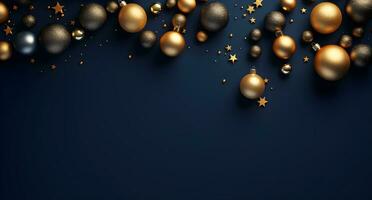 AI generated Merry Christmas and Happy New Year background with gold and blue baubles and gift boxes. 3d rendering photo