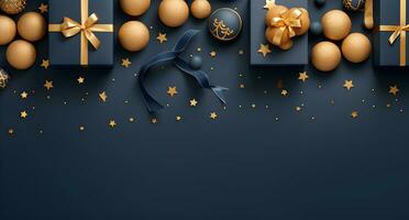 AI generated Dark blue Christmas background with golden and black baubles. photo