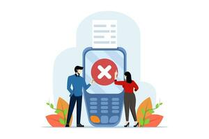 Payment error concept. Non-cash NFC payment transaction cancelled. Payment terminal with cross check mark. Payment failed, try again. Vector illustration on white background