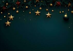 AI generated Christmas background with fir branches and red stars. Top view. 3d render photo