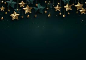 AI generated Christmas background with fir branches and red stars. Top view. 3d render photo