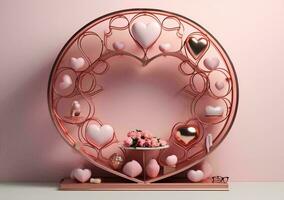 AI generated Heart shaped frame on the shelf. Valentines day love concept. 3d rendering photo
