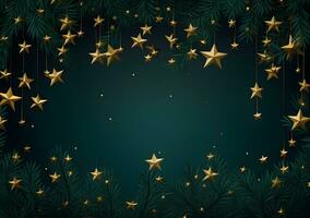AI generated Christmas background with fir branches and red stars. Top view. 3d render photo