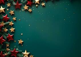 AI generated Christmas background with fir branches and red stars. Top view. 3d render photo