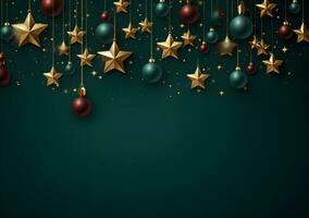 AI generated Christmas background with fir branches and red stars. Top view. 3d render photo