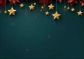 AI generated Christmas background with fir branches and red stars. Top view. 3d render photo