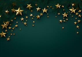 AI generated Christmas background with fir branches and red stars. Top view. 3d render photo