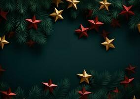 AI generated Christmas background with fir branches and red stars. Top view. 3d render photo