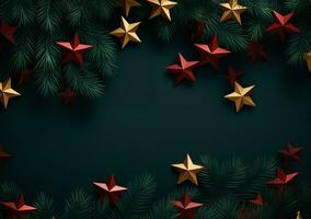 AI generated Christmas background with fir branches and red stars. Top view. 3d render photo