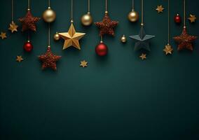AI generated Christmas background with fir branches and red stars. Top view. 3d render photo