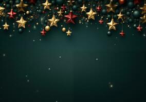 AI generated Christmas background with fir branches and red stars. Top view. 3d render photo