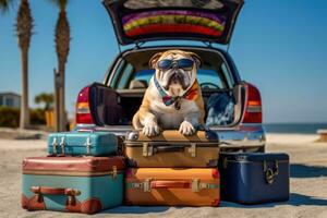 AI generated Car trunk with cute Dog and luggage Dog Travel concept Generative AI photo