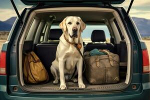 AI generated Car trunk with cute Dog and luggage Dog Travel concept Generative AI photo