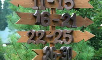 Direction Pointer With Room Numbers On A Wooden Post photo