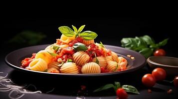 ai generado pasta con tomate salsa y albahaca hojas en un negro antecedentes foto