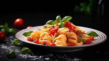 AI generated pasta with tomatoes and basil on a plate photo