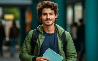 AI generated Student smiling with school bag and notebook photo