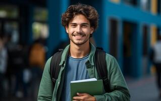 ai generado estudiante sonriente con colegio bolso y cuaderno foto