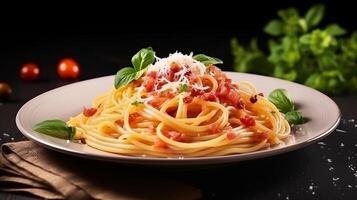 AI generated pasta with tomato sauce and basil leaves on a black background photo