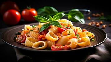 AI generated pasta with tomatoes and basil on a plate photo