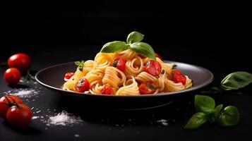 ai generado pasta con Tomates y albahaca en un plato foto