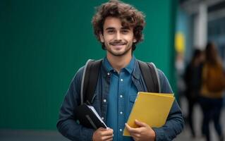 ai generado estudiante sonriente con colegio bolso y cuaderno foto