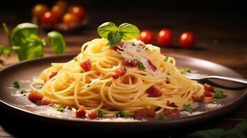 ai generado pasta con Tomates y albahaca en un plato foto